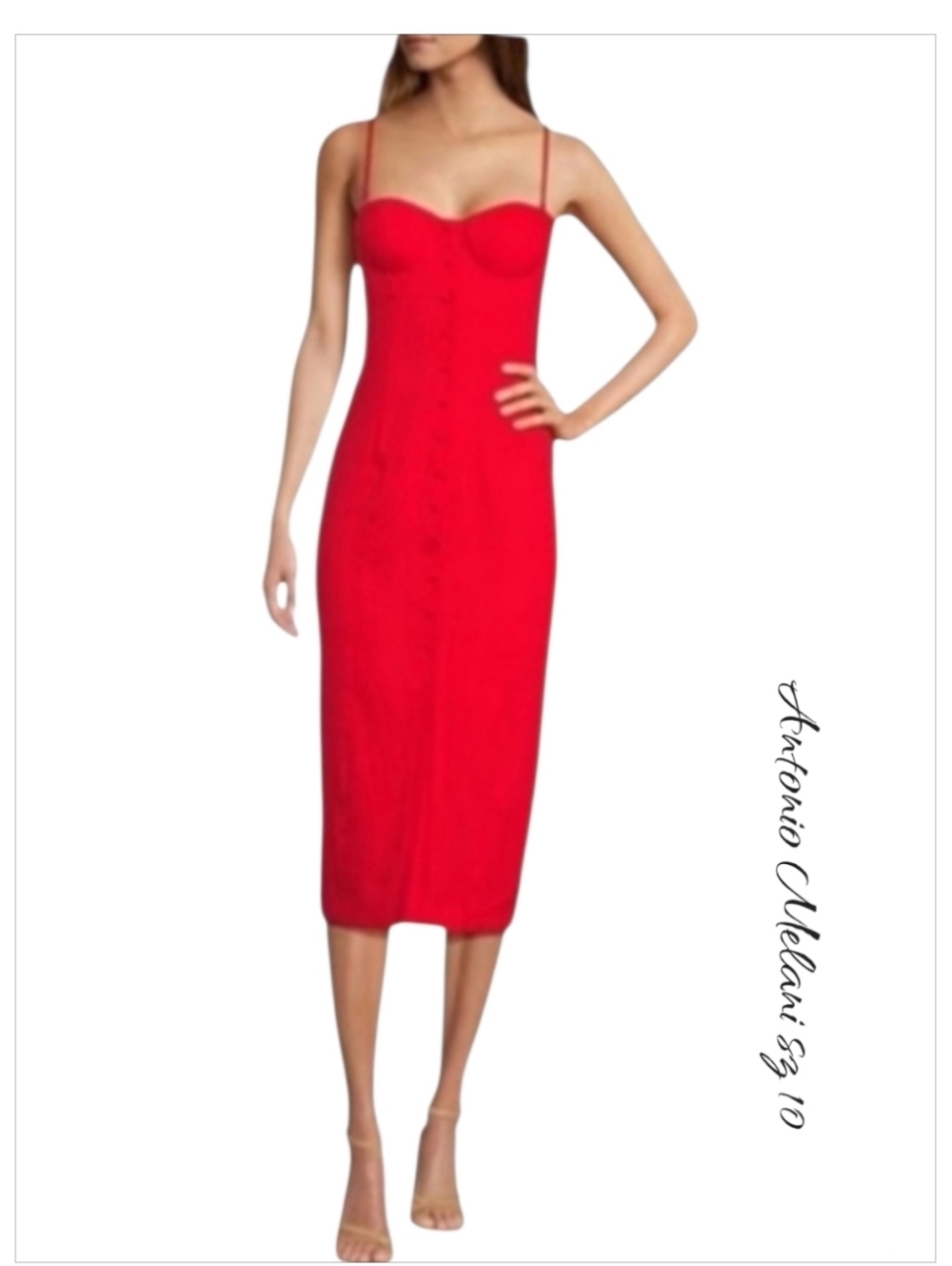 NWT Antonio Melani Marcie Stretch Linen Red Midi Dress Sweetheart Neck 10